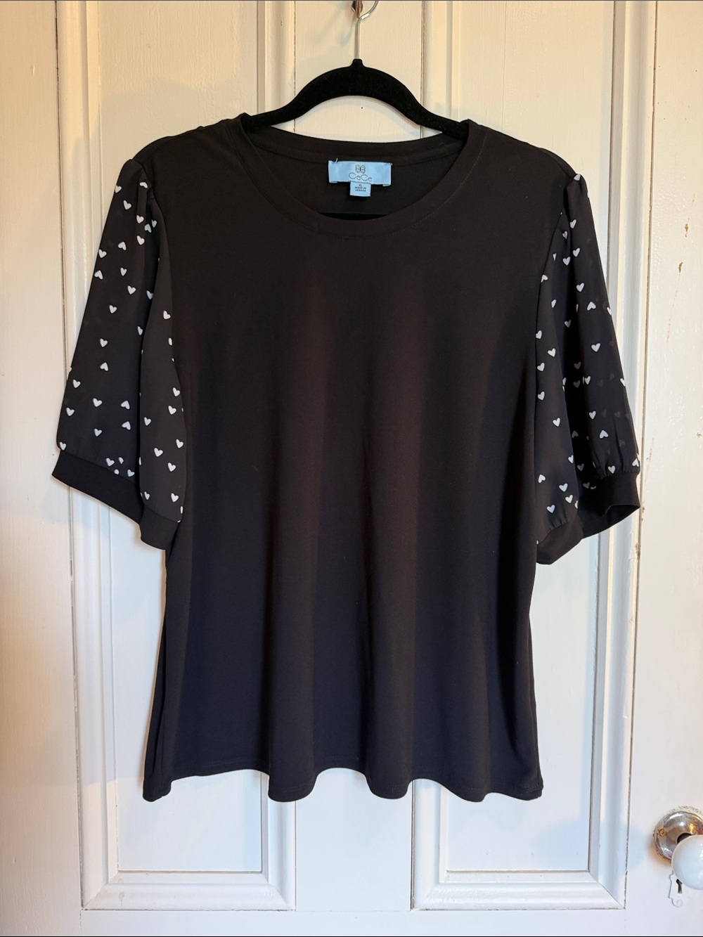 CeCe Black Short-Sleeve Top with White Heart-Print Sleeves